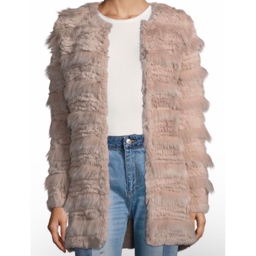Badgley Mischka Rose Pink Rabbit Fur Coat Tiered Mid-Length Jacket Size L
